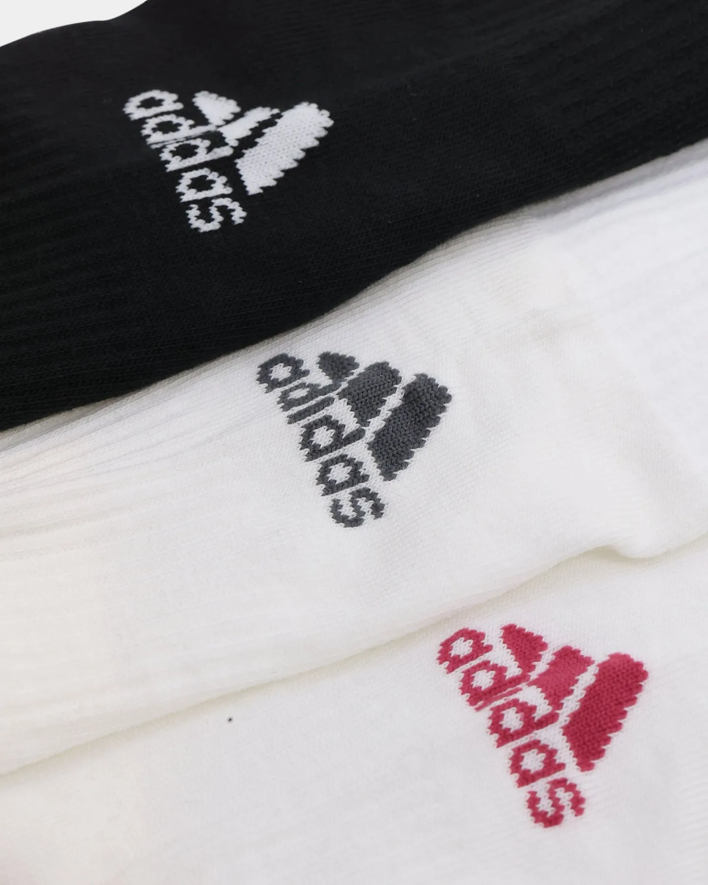 Adidas Women's 3 Stripe Glam Crew Socks 3 Pack White/Black/Wild Pink/Grey Five