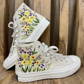 Custom embroidered white Converse Platform bridal shoes