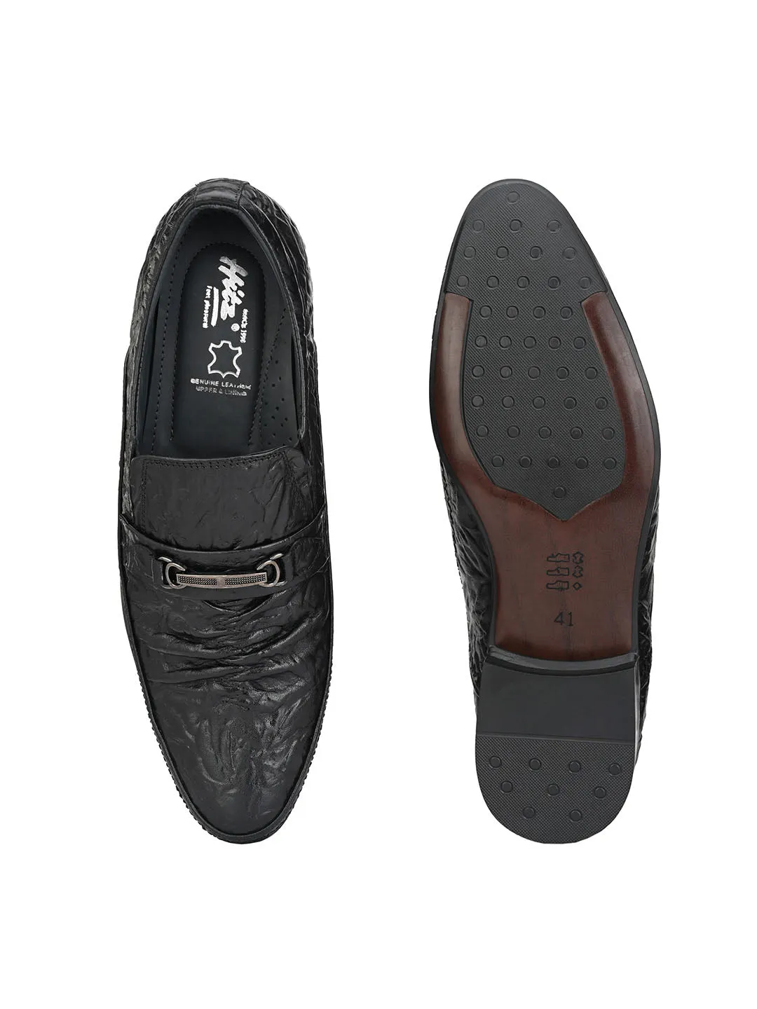 Hitz Men's Black Leather Slip On Semi-Formal Shoes