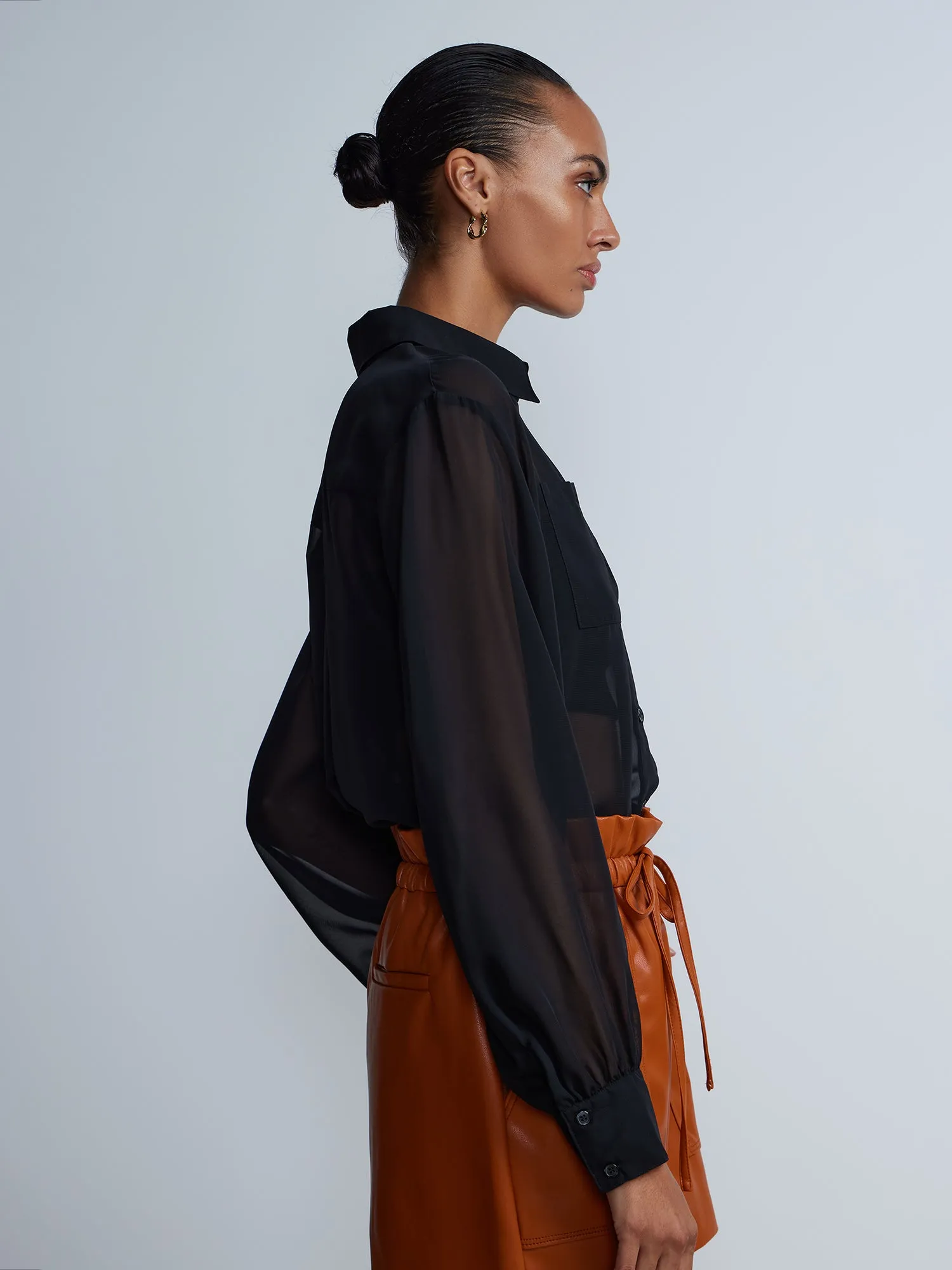 Long Sleeve Button-Front Chiffon Shirt